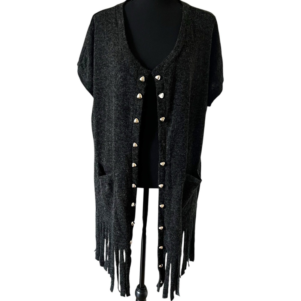 Panitti‎ Gray Wool Blend Fringe Cardigan Vest Gold Heart Buttons NWT Medium
